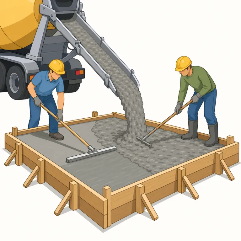 concreting（コンクリート打設・名詞）の覚え方イラスト — この意味の concreting は、建設現場で型枠や鉄筋の準備後にコンクリートを流し込み、締固め、仕上げ、硬化へ進める「打設工程」を指す専門寄りの名詞です