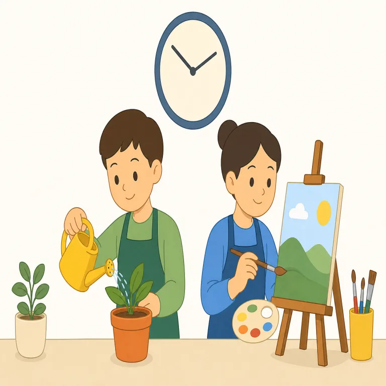 concurrently（同時に・副詞）の覚え方イラスト — concurrently は「同時に」という時間の一致を表す副詞として覚えます