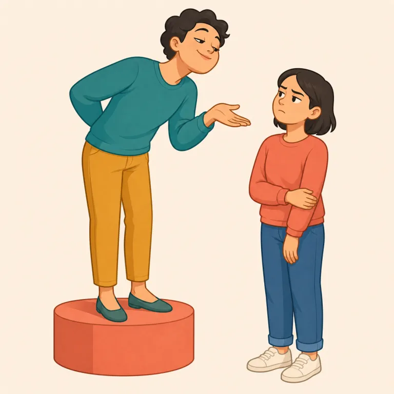 condescension（見下した態度、尊大さ・名詞）の覚え方イラスト — まず動詞 condescend「人を見下した物言いをする」を核にすると覚えやすいです