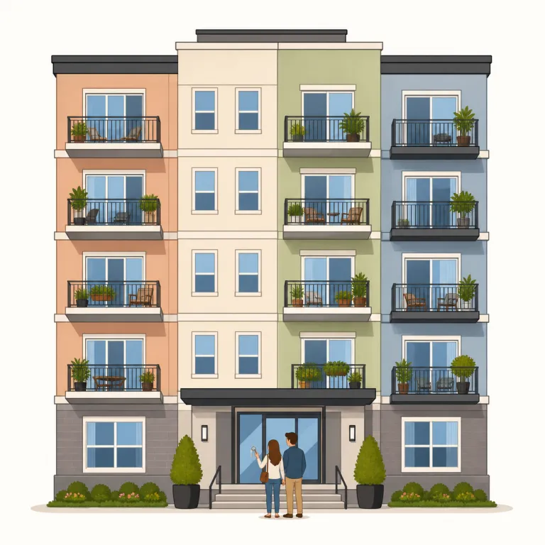 condominium（分譲マンション・名詞）の覚え方イラスト — まずは略形の condo をセットで覚えると定着しやすい語です