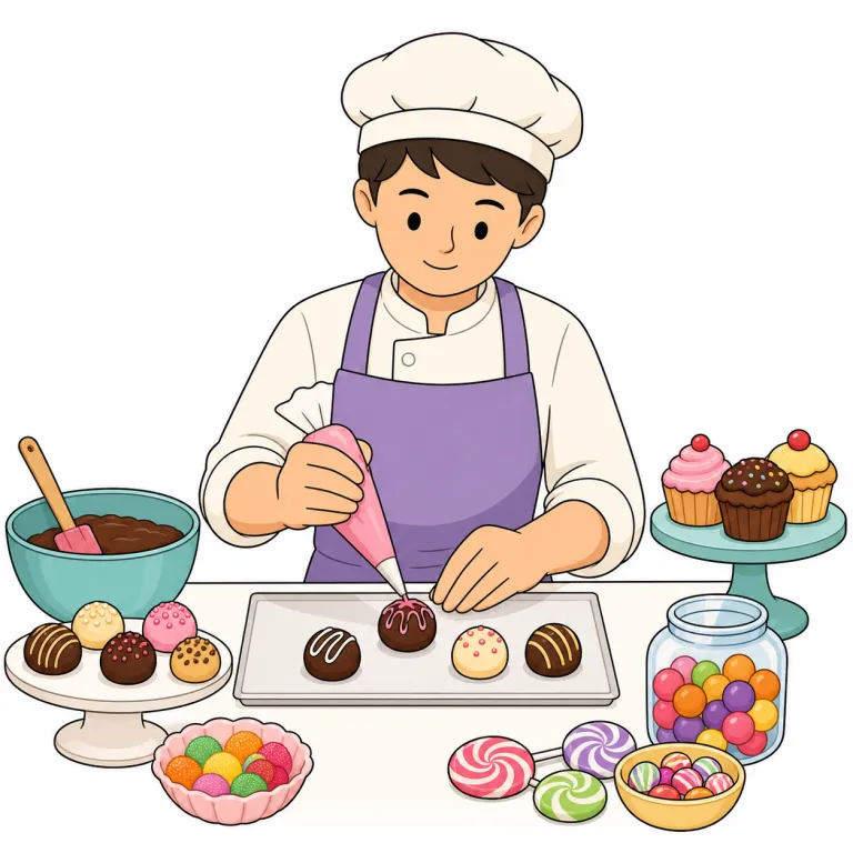confectioner（菓子職人・名詞）の覚え方イラスト — confectioner は confection「菓子、砂糖菓子」と -er「人」を合わせた語として見ると覚えやすいです