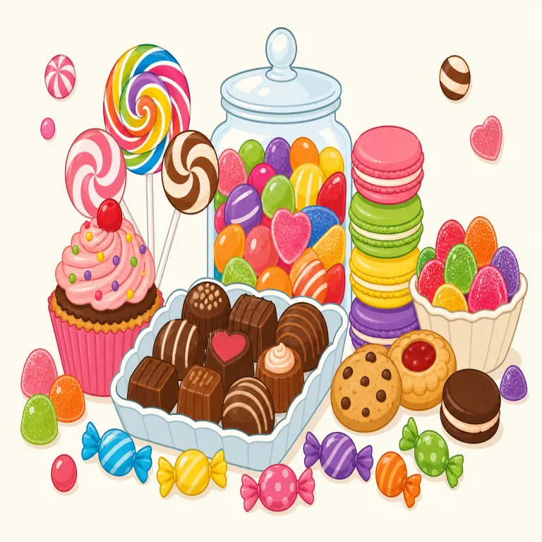 confectionery（菓子類・名詞）の覚え方イラスト — bakery（パン類・パン屋）、brewery（醸造所）と同じく、-ery は「その種類のもの全体・売り場・業界」という感覚で覚えるとよい語です