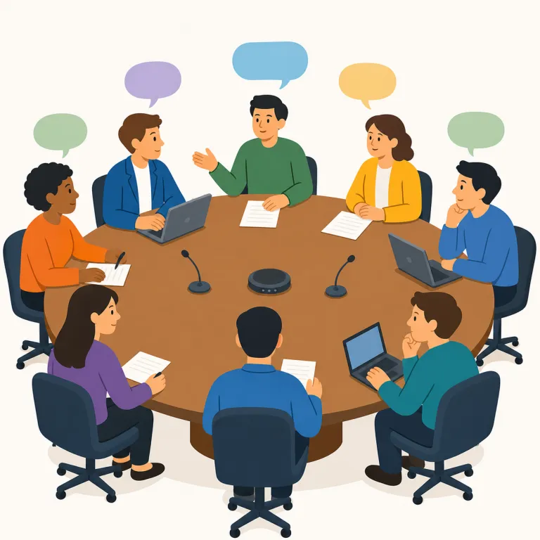 conference（会議・名詞）の覚え方イラスト — conference の「会議」は、発表や議題を伴う公式な集まりとして覚えます