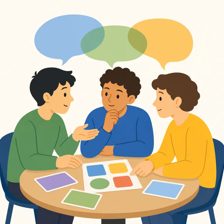 conferring（相談する・動詞）の覚え方イラスト — このレコードでは「授与する」ではなく、人同士が頭を寄せて相談する動きに絞って覚えます