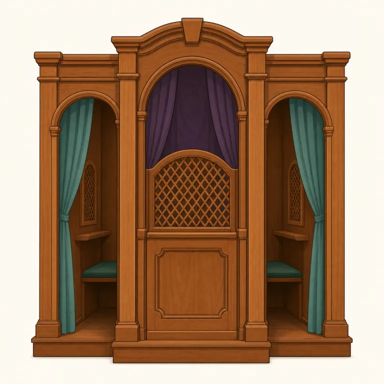 confessional（告解室・名詞）の覚え方イラスト — 名詞の confessional は「告白そのもの」ではなく、告白が行われる場所です