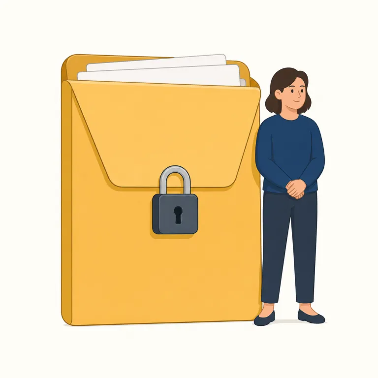 confidential（機密の、極秘の・形容詞）の覚え方イラスト — このエントリでは confidential を、会話を「内密にする」一般義よりも、業務上の情報・文書・データを権限者だけが扱う「機密の、極秘の」として覚える
