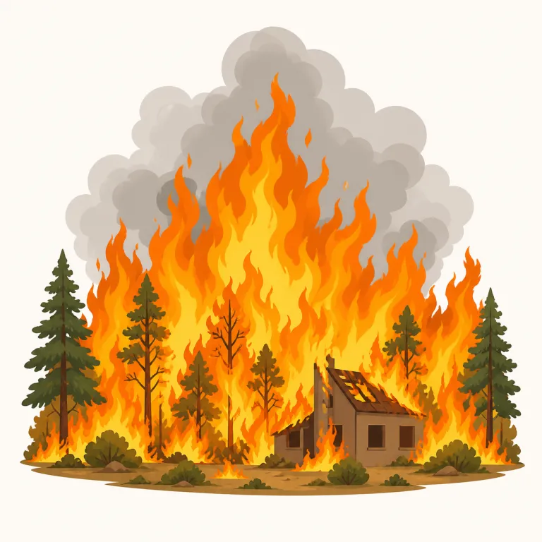 conflagration（大火・名詞）の覚え方イラスト — conflagration は fire よりずっと強く、blaze や inferno に近い「手に負えない大火」と置くと覚えやすい語です