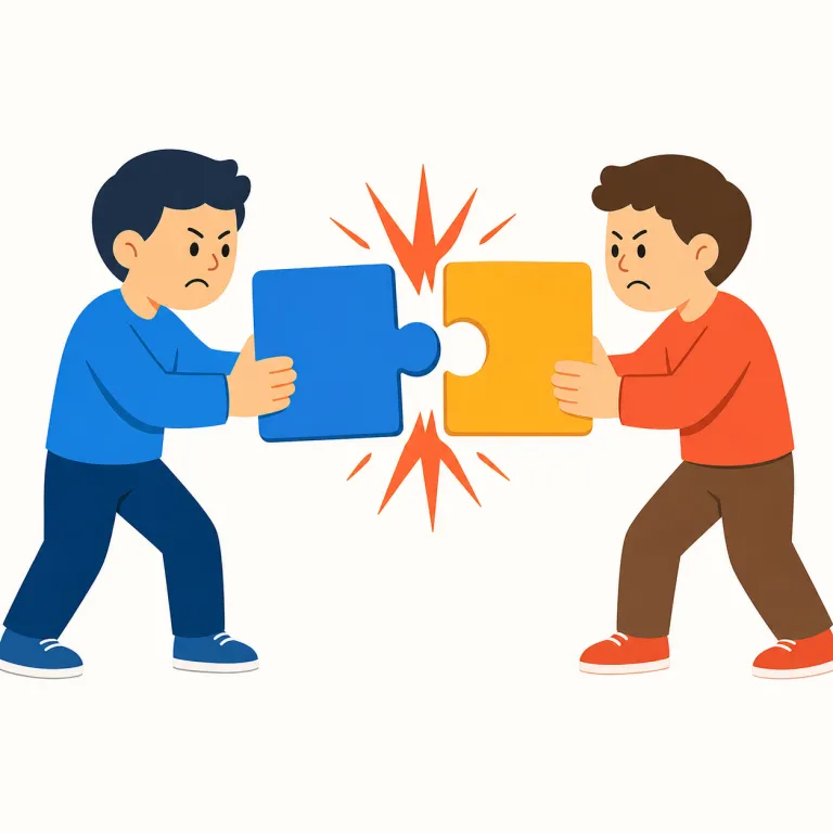 conflict（争い・名詞）の覚え方イラスト — 「ぶつかり合った結果として残る争いの状態」と見ると、名詞の感覚がつかみやすい