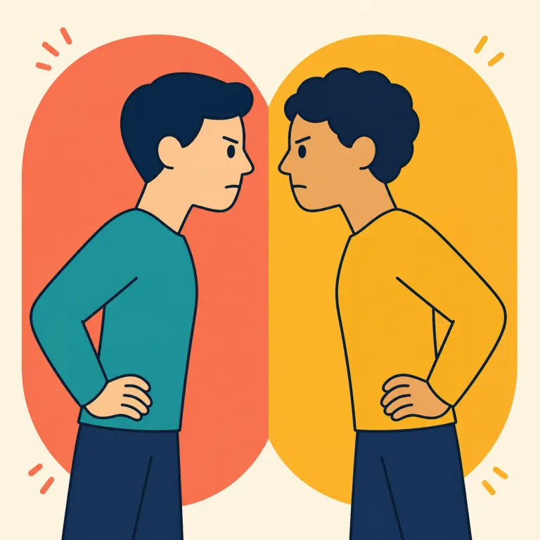 confrontational（対立的な・形容詞）の覚え方イラスト — confront「正面から立ち向かう」→ confrontation「対立」→ confrontational「対立的な」という派生の流れで覚えましょう