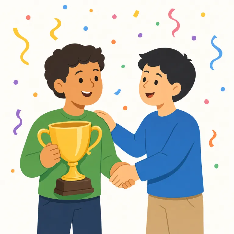 congratulate on（祝福する・句動詞）の覚え方イラスト — これは congratulate on の「祝う」という基本義とは別に、相手の成功や節目に対して、より改まって好意や称賛を込めて「祝福する」と表す用法として覚える