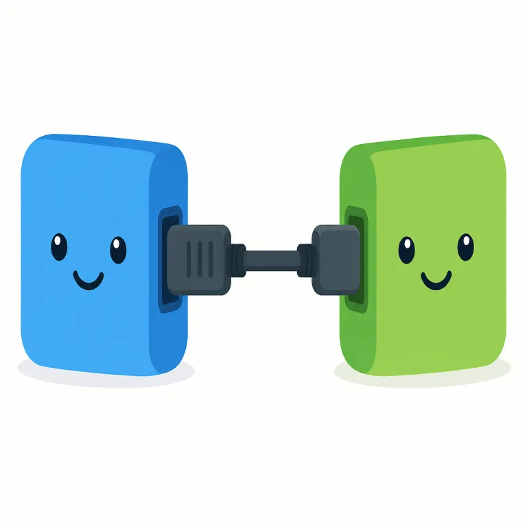 connect（接続する・動詞）の覚え方イラスト — connect は、ただ「触れる」のでなく「別々のものの間に通り道を作って、つながった状態にする」と押さえると残りやすい