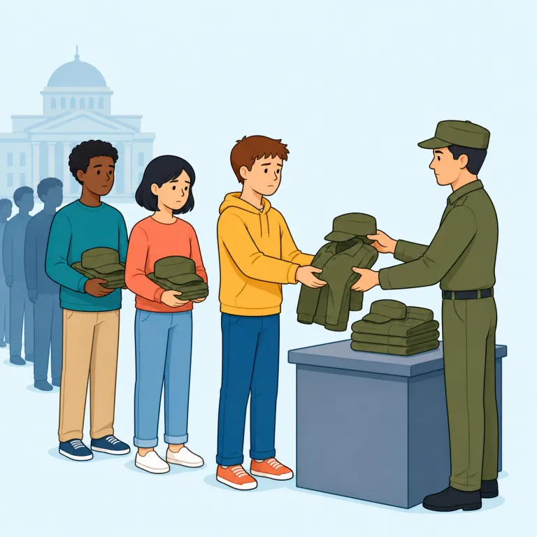 conscription（徴兵・名詞）の覚え方イラスト — conscription は conscript（徴募する／徴集兵）とセットで覚えると残りやすい