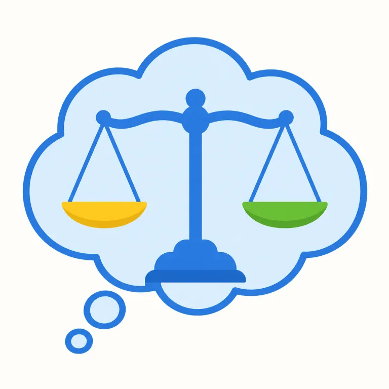 consider（検討する・動詞）の覚え方イラスト — この「検討する」の consider は、提案・選択肢・計画などを、決める前に正式に吟味する場面で覚えるとよいです
