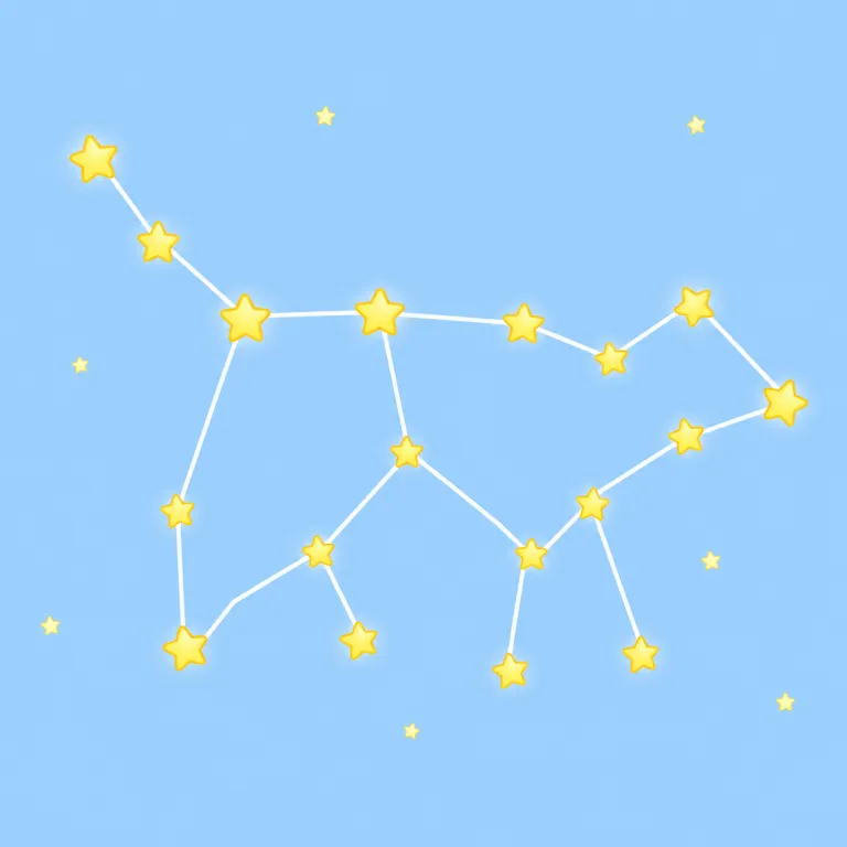 constellation（星座・名詞）の覚え方イラスト — constellation は、夜空の複数の星を線や形として見て、名前を付けた「星座」を指します
