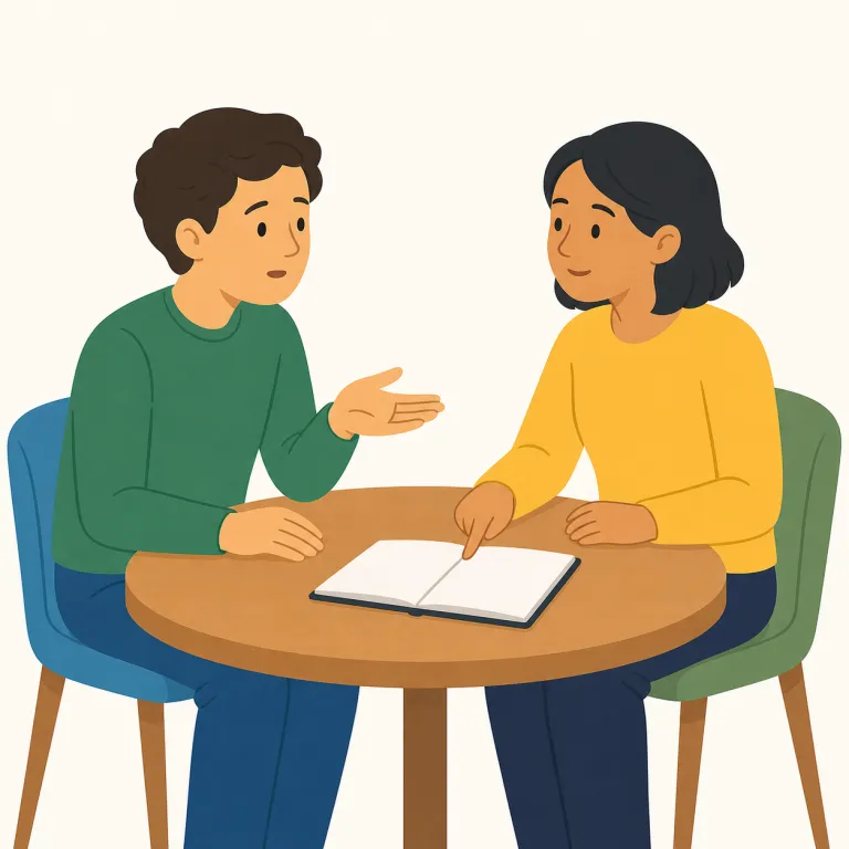 consult（相談する・動詞）の覚え方イラスト — consult は「自分だけで決めず、詳しい人に意見を求める」と覚えるとよいです