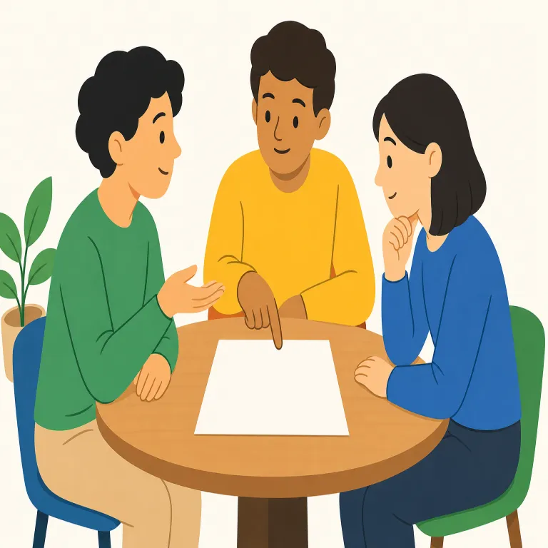 consultative（諮問の、協議の・形容詞）の覚え方イラスト — まず consult = 「相談する」を確実に軸に置くと覚えやすいです