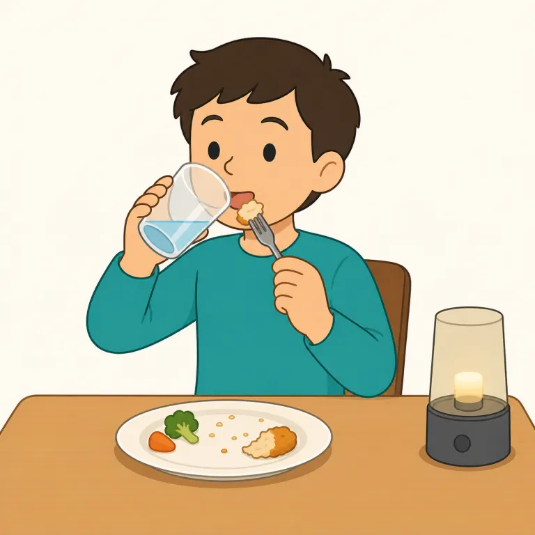 consume（消費する・動詞）の覚え方イラスト — この consume は「食べる、飲む」という基本義とは別に、資源・時間・エネルギーなどを使って減らす、または火や感情が対象をのみ込む意味で覚えます