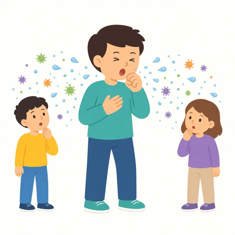 contagious（伝染性の、感染しやすい・形容詞）の覚え方イラスト — contact に見た目が近いので、「人に接すると広がるもの」をまず連想すると残りやすいです