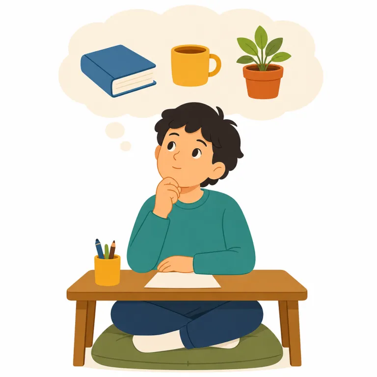 contemplate（熟考する・動詞）の覚え方イラスト — この「熟考する」は、単に選択肢を検討するだけでなく、時間をかけて静かに深く考え込む意味として覚えるとよいです
