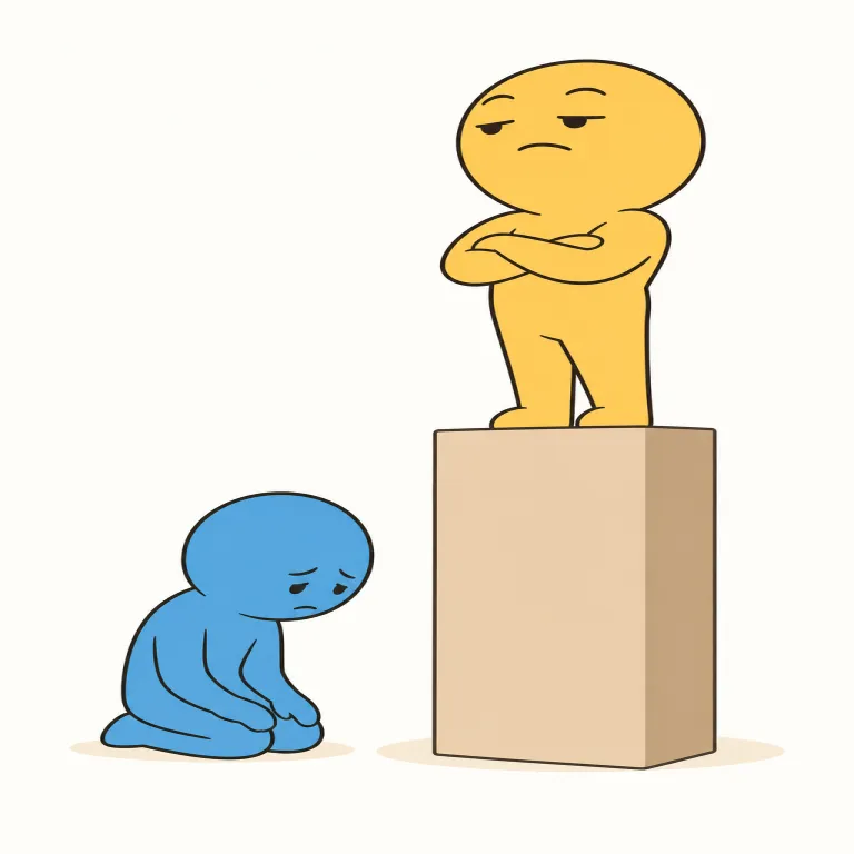 contempt（軽蔑・名詞）の覚え方イラスト — dislike や hatred が「嫌い・憎い」寄りなのに対し、contempt は「相手を下に見て、尊重に値しないと思うこと」が核