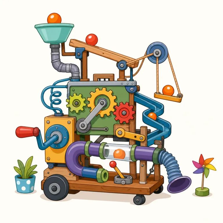 contraption（からくり・名詞）の覚え方イラスト — まず machine や device よりも「普通の機械ではなく、妙にごちゃごちゃした仕掛け」を表す語だと押さえると残りやすいです