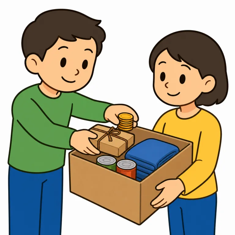 contribute（寄付する・verb）の覚え方イラスト