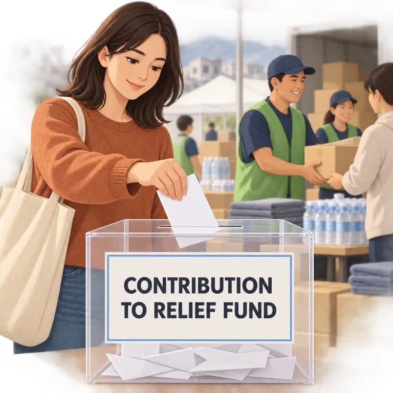 contribution（寄付・noun）の覚え方イラスト