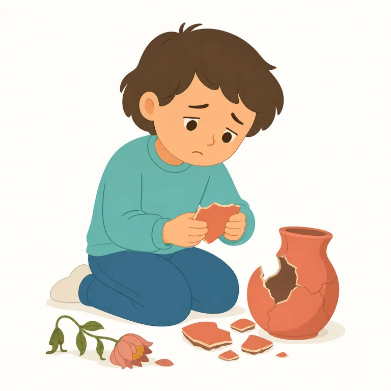 contrite（悔い改めた・形容詞）の覚え方イラスト — contrite は sorry より硬く、wrongdoing のあとに心から責任を認める感じです