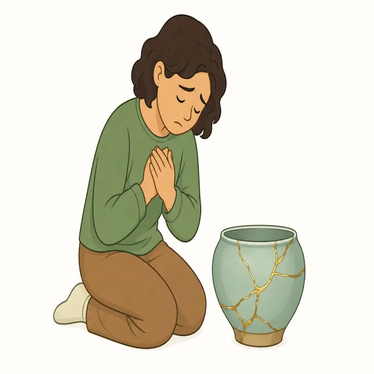 contrition（深い後悔・名詞）の覚え方イラスト — contrition は contrite「深く悔いている」の名詞形として覚えるとよい語です