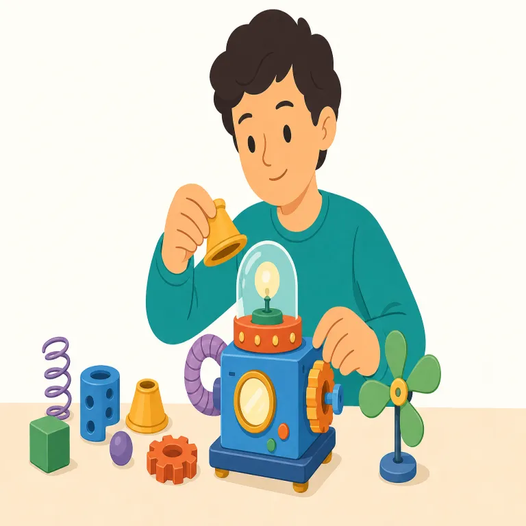 contrive（考案する・動詞）の覚え方イラスト — contrive は devise に近く、ただ作るのでなく「工夫してひねり出す」感触で覚えると残りやすい