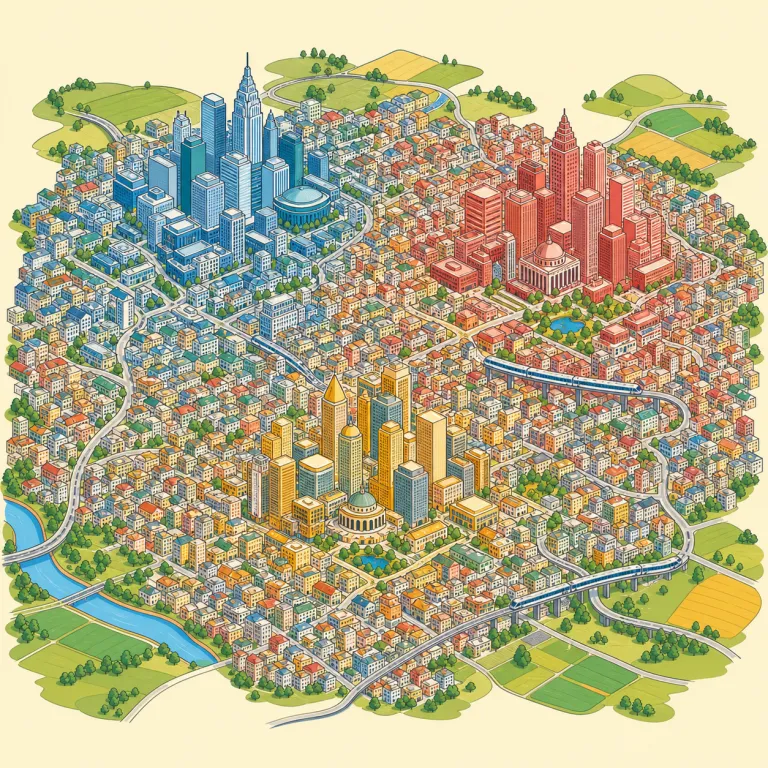 conurbation（大都市圏・名詞）の覚え方イラスト — `conurbation` は `con-` と `urban` を分けて見ると覚えやすい語です