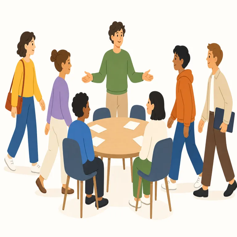 convene（招集する・動詞）の覚え方イラスト — convene は「人を正式に集める、招集する」という他動詞として覚えます