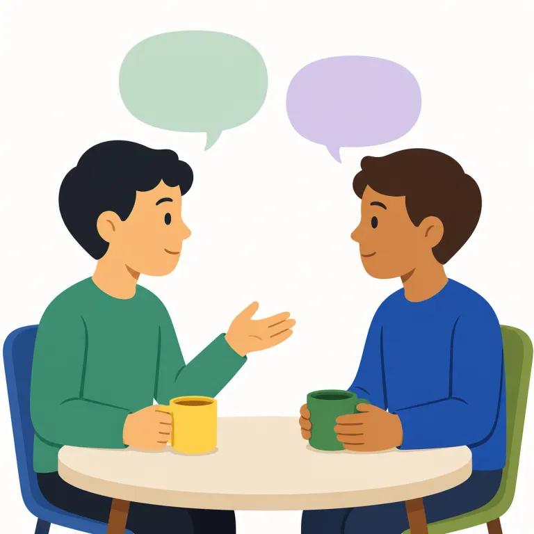 conversation（会話・名詞）の覚え方イラスト — conversation は、まず converse「会話する」や chat「気軽に話す」と並べて覚えると定着しやすい語です