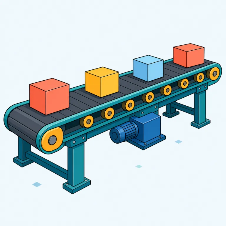 conveyor（運搬装置・名詞）の覚え方イラスト — convey「運ぶ」に、物や人を表す -or が付いた「運ぶもの」と分解すると覚えやすい語です