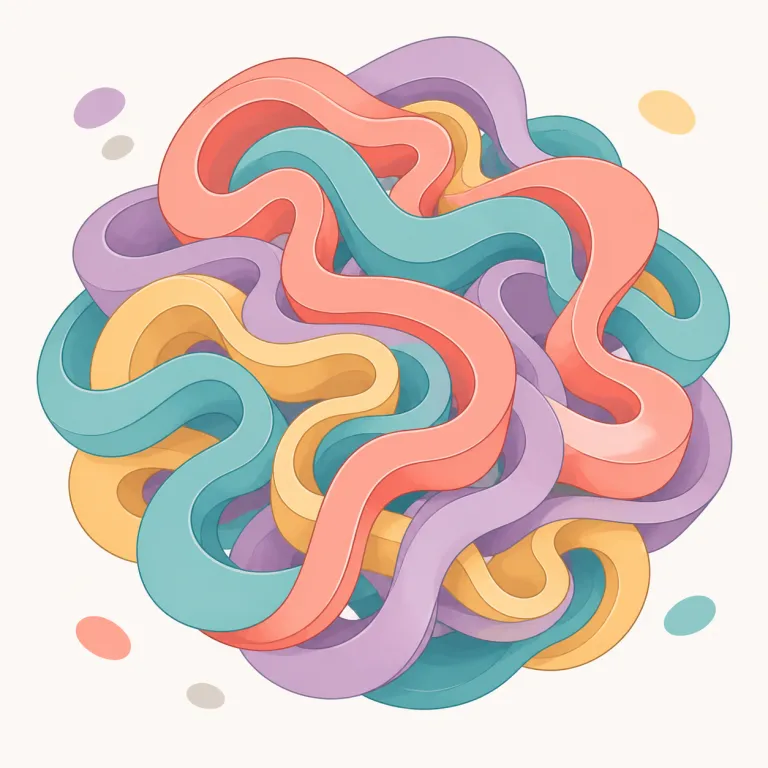 convolution（ひだ、複雑な絡み合い、畳み込み・名詞）の覚え方イラスト — con- は「一緒に」、-volut- は involve / revolve に通じる「巻く・回る」の仲間だと押さえると、「何かが巻き込まれて複雑にな…