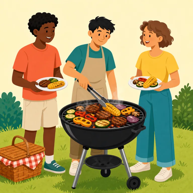 cookout（野外バーベキュー・名詞）の覚え方イラスト — cook + out で、「外で料理する集まり」とそのまま場面化すると残りやすい語です
