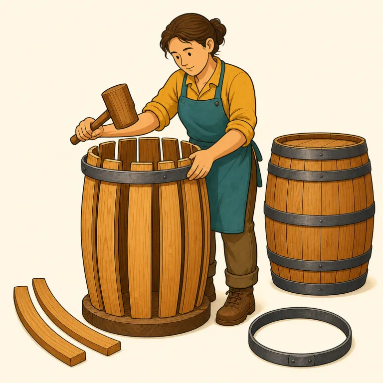 cooper（樽職人・名詞）の覚え方イラスト — carpenter が木工全般の職人なら、cooper は barrel（樽）専門の職人、と役割で結ぶと残りやすい語です