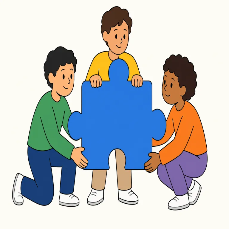 cooperative（協力的な・形容詞）の覚え方イラスト — cooperative は「一緒に働く性質がある」から、協力する気持ちが見える状態を思い浮かべると定着します