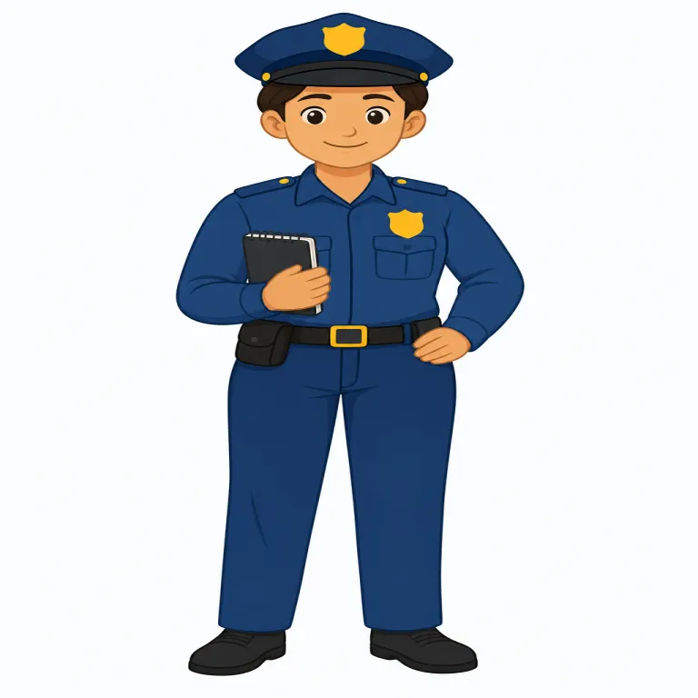 cop（警官・名詞）の覚え方イラスト — cop は police officer のカジュアル版として、制服姿で車を止めたり道案内をしたりする一人の警官を思い浮かべると定着します