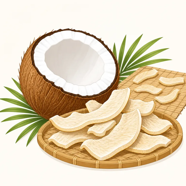 copra（コプラ・名詞）の覚え方イラスト — coconut そのものではなく、「乾燥させて油を取る段階の果肉」を指す専門語として覚えると定着しやすい