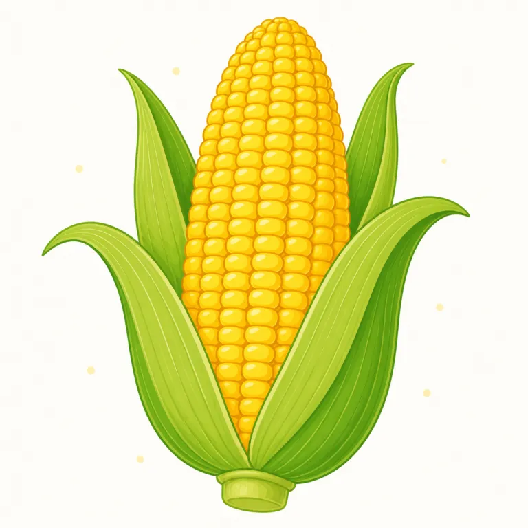 corn（トウモロコシ・名詞）の覚え方イラスト — この意味の corn は、背の高い植物に黄色い粒が並ぶ作物「トウモロコシ」を指します