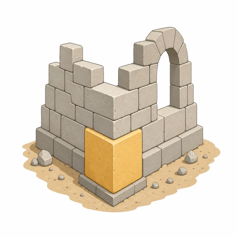 cornerstone（基礎・名詞）の覚え方イラスト — cornerstone は corner「角」＋stone「石」からできた語で、建物の角に置かれて全体を支える大事な石を想像すると、比喩的な「基礎」に結びつきます