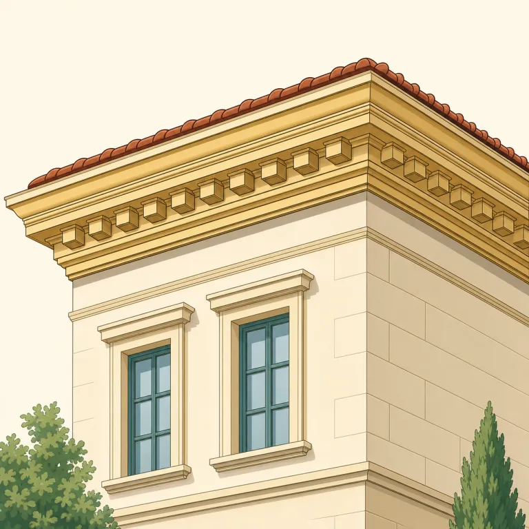 cornice（軒蛇腹・名詞）の覚え方イラスト — cornice は、まず ceiling や roof のすぐ下にある「上端の飾り縁」とセットで覚えると残りやすい語です