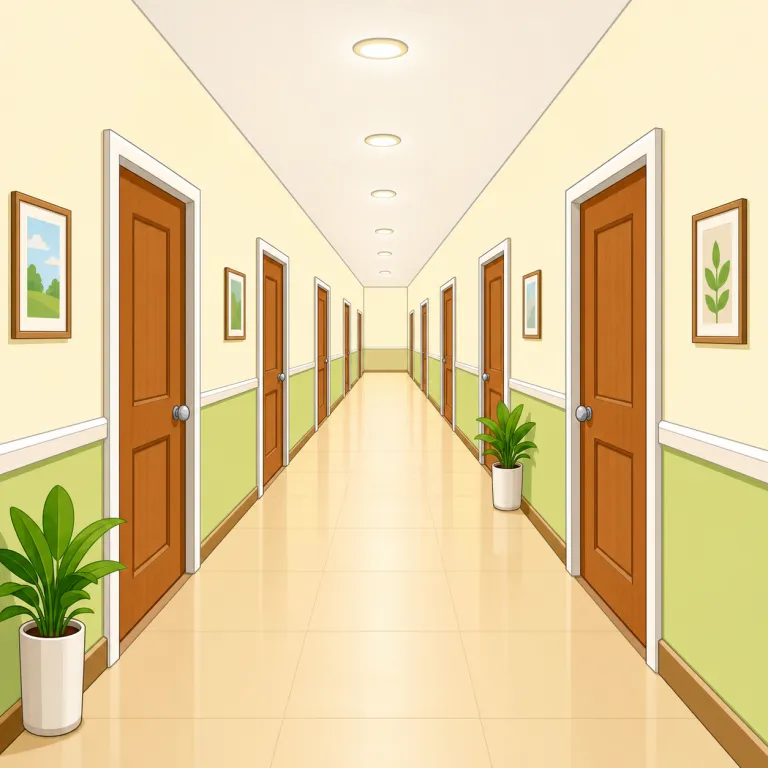 corridor（廊下・名詞）の覚え方イラスト — corridor は学校、病院、ホテル、オフィスなどで、部屋の外に長く伸び、左右にドアが並ぶ屋内の「廊下」を思い浮かべると覚えやすい名詞です