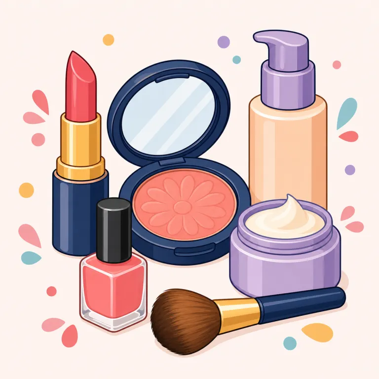 cosmetics（化粧品・名詞）の覚え方イラスト — cosmeticは「化粧用の」という形容詞や「化粧品」という単数名詞で、cosmeticsは口紅やファンデーションなどをまとめた「化粧品類」を表します