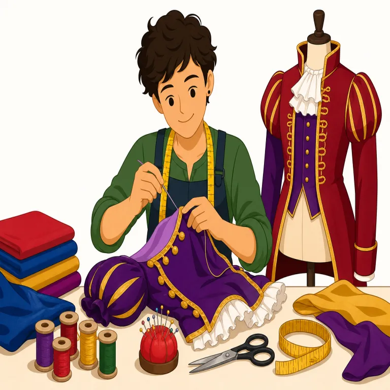 costumer（衣装係・名詞）の覚え方イラスト — costumer は costume（衣装）+ -er（関わる人）で、舞台や映画の現場で衣装を準備・管理・調整する「衣装係」と覚えます