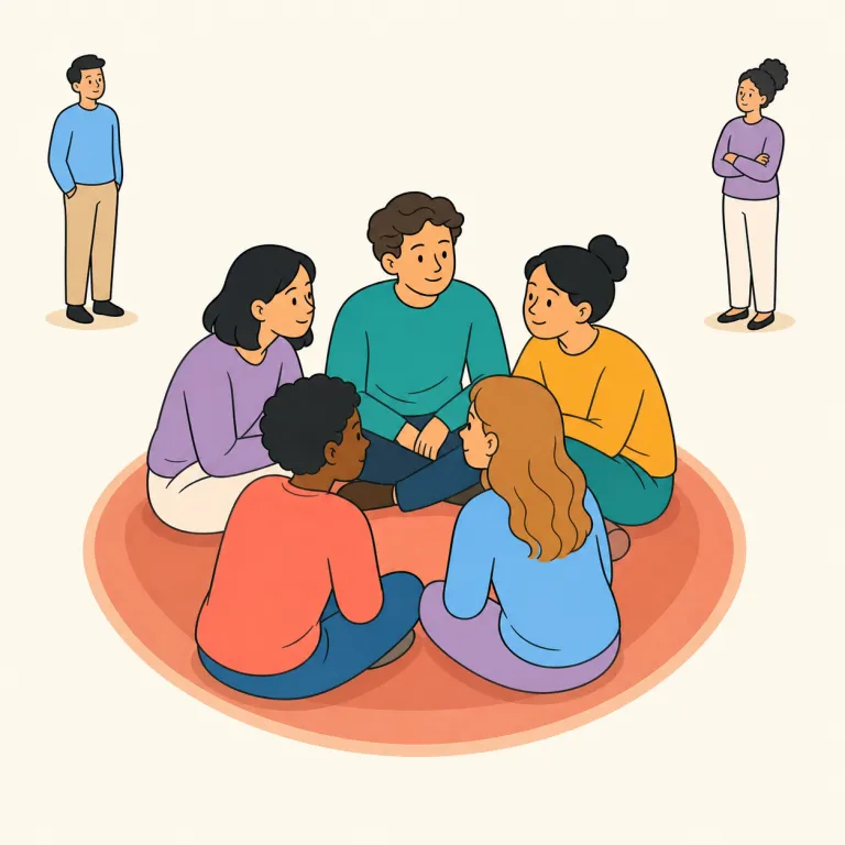 coterie（仲間内、派閥・名詞）の覚え方イラスト — 「小さく閉じた内輪グループ」を一語で言う名詞として覚える