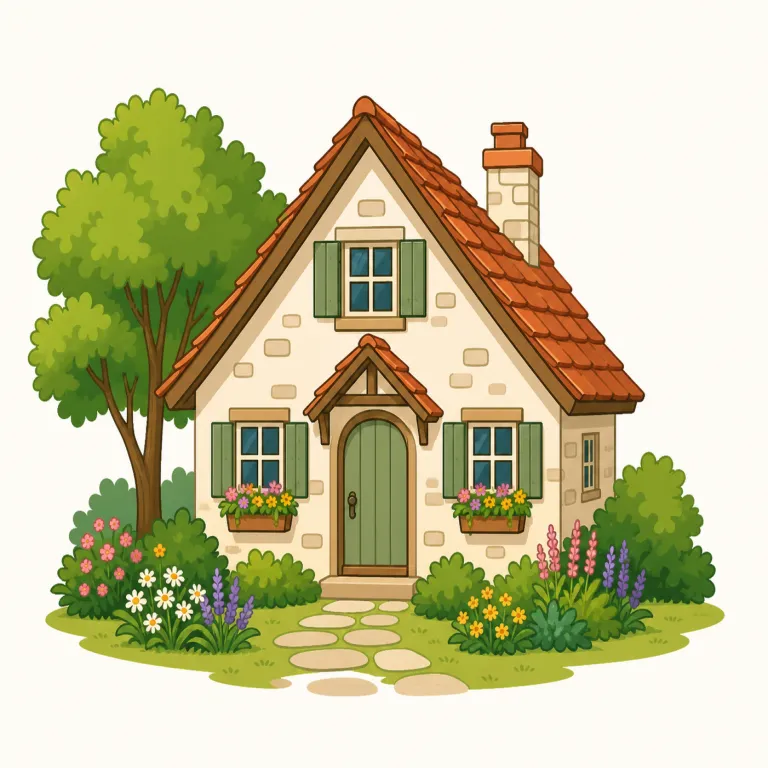 cottage（小さな家、別荘・名詞）の覚え方イラスト — cottage は house より小さく、villa や mansion ほど豪華ではない「こぢんまりした家」を思い浮かべると定着しやすいです