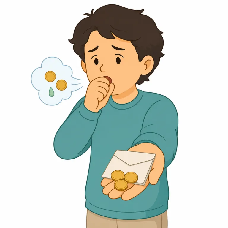 cough up（（金・情報などを）しぶしぶ出す、（咳で痰などを）吐き出す・句動詞）の覚え方イラスト — まず直訳の「咳をして外に出す」像を固定すると覚えやすいです