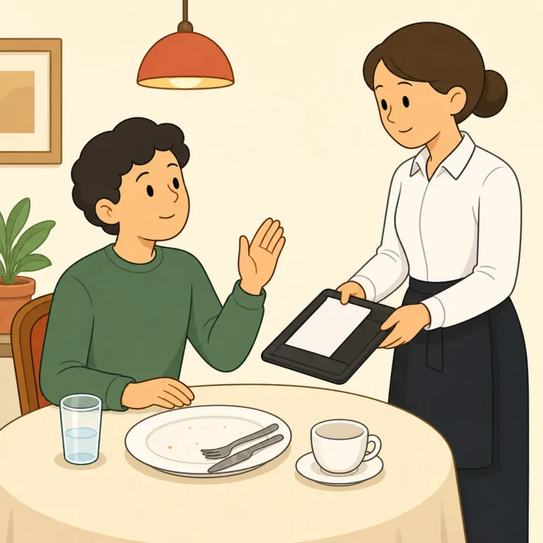 could we have the bill（お会計お願いします・イディオム）の覚え方イラスト — 丸ごと覚えるなら、核は have the bill「伝票をもらう」